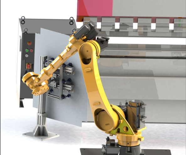 The robot grabs the material and turns the surface by means of an overturning rack