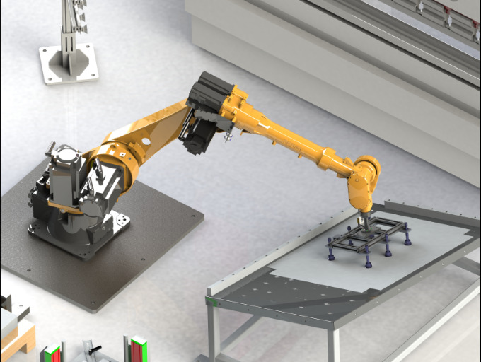The robot grabs the plate and puts it on the center platform