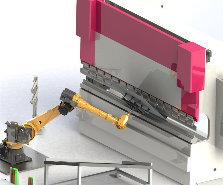 The robot grabs the plate bending machine and follows the long side bending