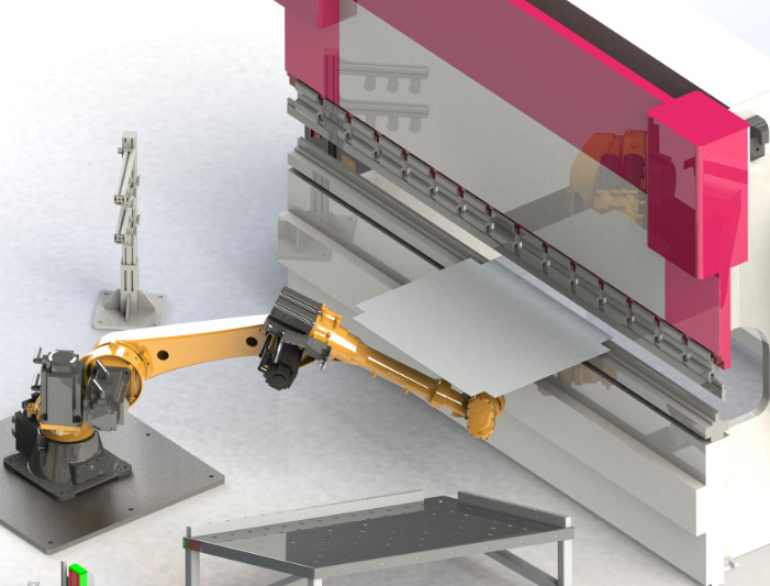 The robot grabs the plate material (long side) and the backstop finger system is aligned automatically