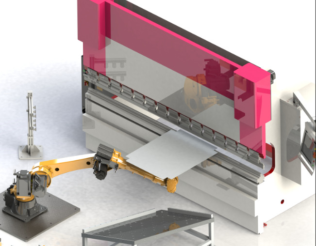 The robot grabs the plate material (short side) and the backstop finger system is automatically aligned
