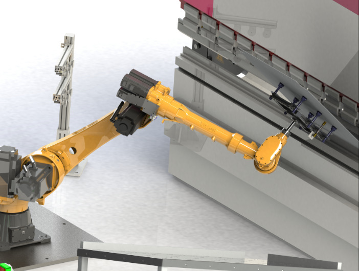 The robot grabs the sheet metal bending machine and follows it to bend the short side
